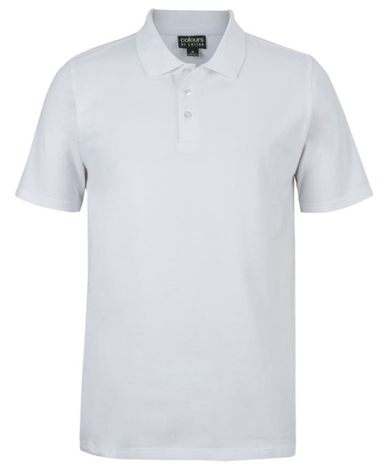 A white short-sleeved polo shirt made from stretch cotton, featuring a collar and three-button placket.