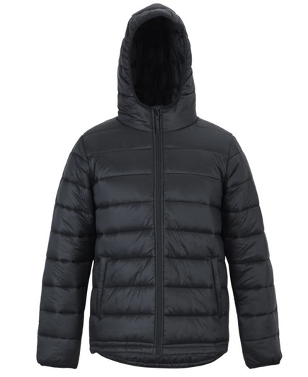 A black urban hooded puffer jacket featuring a zip front and a plush hood. The fabric has a sleek, quilted design.