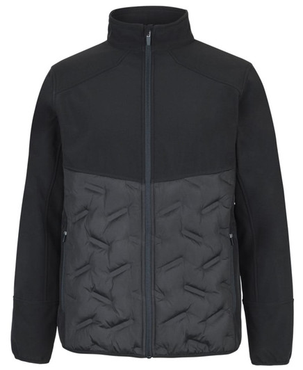 A black hybrid jacket featuring a soft shell upper and quilted lower section, with side pockets and a front zip.