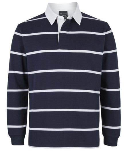 A navy and white striped polo shirt with a collar and long sleeves, featuring a small logo on the chest.