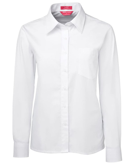 A white long-sleeved button-up shirt featuring a single chest pocket and a logo on the collar.