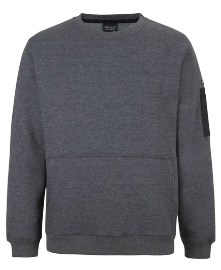 A grey crew neck fleece jumper with a front pocket and a side zipper pocket. It features a logo.