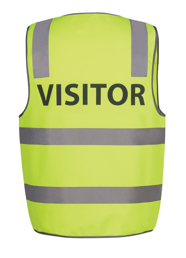 A bright lime safety vest with grey reflective strips and a prominent "VISITOR" label. Features a logo.