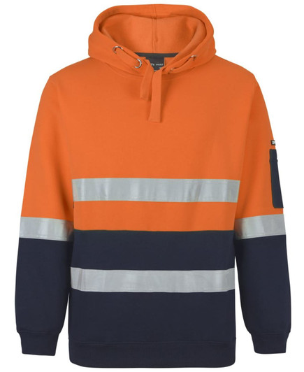 An orange and navy hoodie with reflective stripes and a logo on the sleeve. Suitable for workwear.