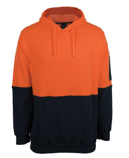 An orange and navy hoodie with a front pocket and a hood, featuring a sleeve pocket and logo.