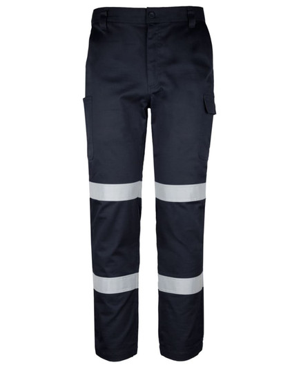 A pair of navy cargo pants featuring reflective D+N tape, with multiple pockets and a logo.