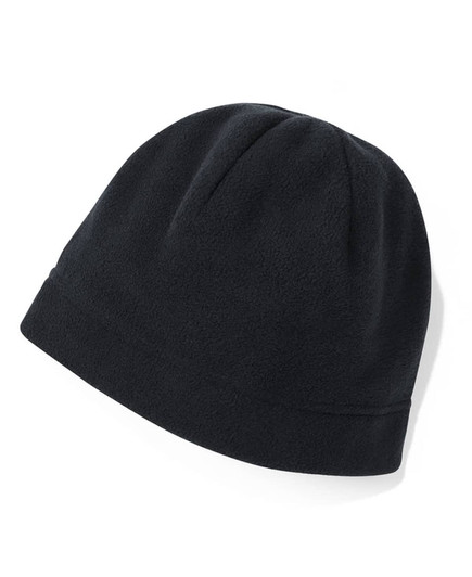 A black polar beanie made of soft material, featuring a subtle logo. Ideal for warmth in colder weather.