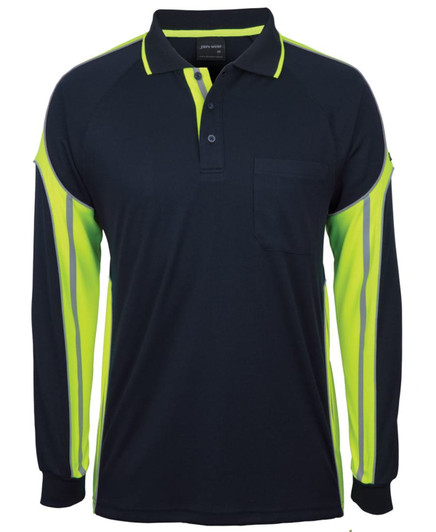 Long sleeve polo shirt in navy and high-visibility yellow, featuring a front pocket and logo branding.