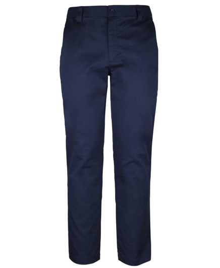 Navy stretch twill work pants with a straight fit and a waistband featuring a button closure. Includes a logo.