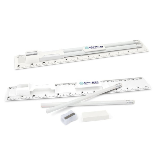A stationery set featuring white pencils, a ruler, and an eraser, all with branding.