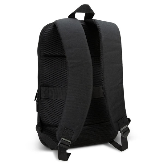 A black Kaden Soft Touch Backpack with padded straps and a mesh back for comfort. It features a logo on the exterior.