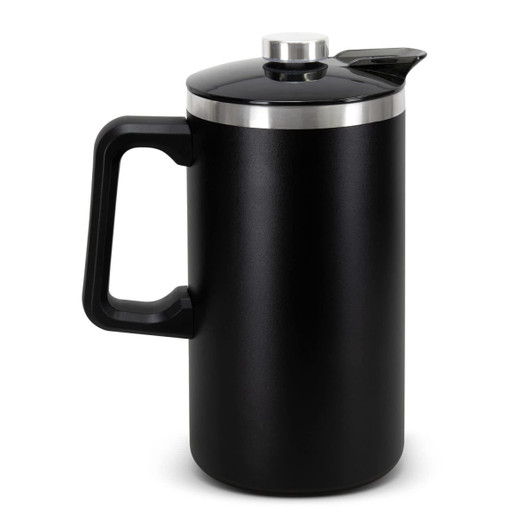 A black coffee press with a stainless steel lid and handle, designed for brewing coffee.