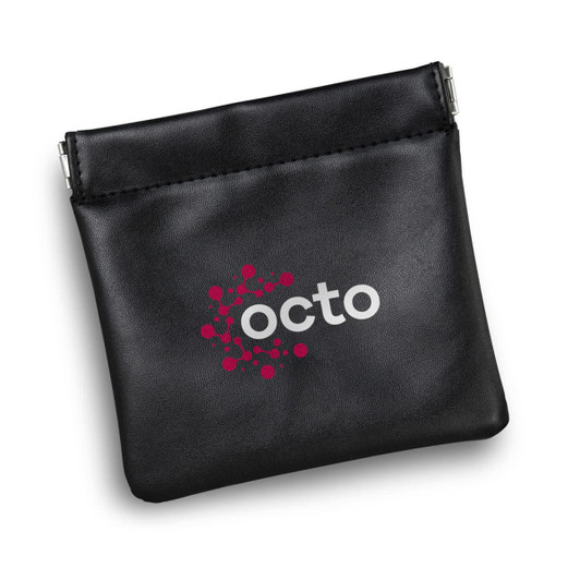 A black pouch with a zip closure, featuring a logo on the front. Suitable for tech and accessories.