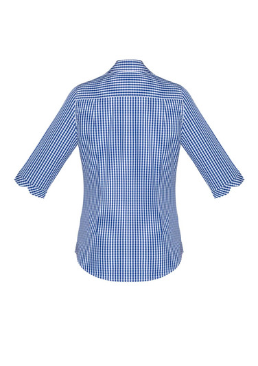 A blue and white checkered women's button-up shirt featuring 3/4 sleeves and a back yoke with a logo.