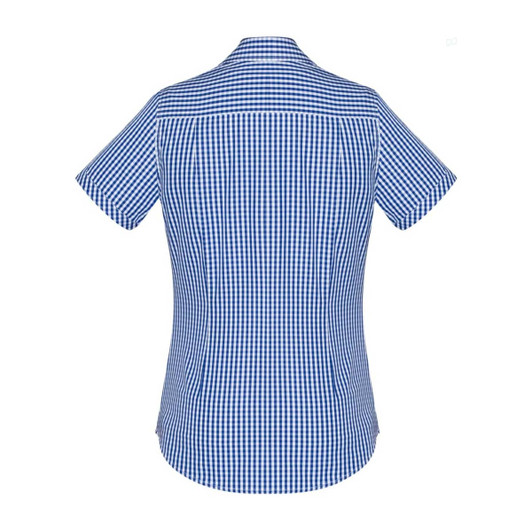 A women's short sleeve shirt in blue and white gingham pattern, featuring a button-up design. The shirt has a logo.