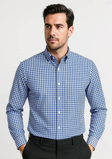 A blue and white checkered long sleeve button-up shirt featuring a collar and a small logo.