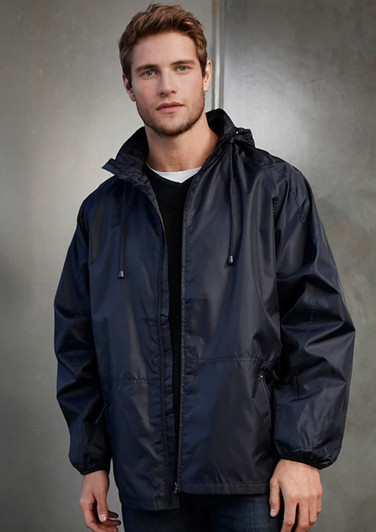 A dark navy unisex rain jacket featuring a hood and adjustable drawstrings, with a logo present.