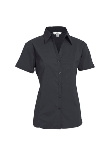 A women's short sleeve button-up shirt in black, featuring a classic collar and a button-front design.