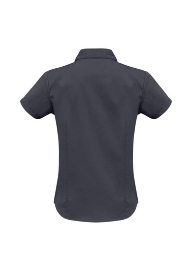 A dark grey women's short sleeve button-up shirt with a classic collar and a fitted design.