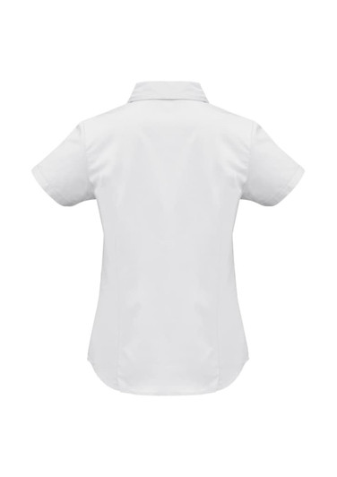 A women's short sleeve button-up shirt in white with a back view, featuring a collar and a small logo.