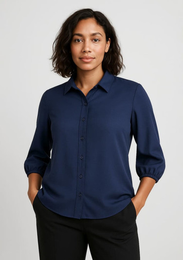 A women's navy 3/4 sleeve blouse with a collared neckline and button-down front, featuring a branding logo.