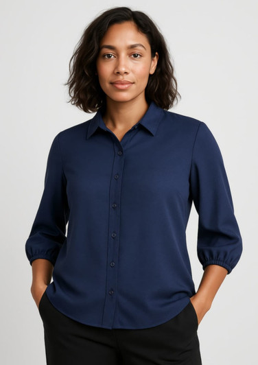 A navy blue women's blouse with 3/4 sleeves, featuring a button-down front and a collar.