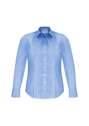 A blue women's long sleeve button-up shirt with a classic collar and a logo on the label.