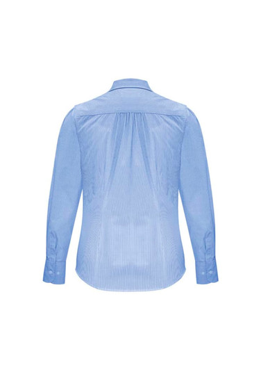 A light blue women's button-up long sleeve shirt with a fitted design and a back yoke detail.