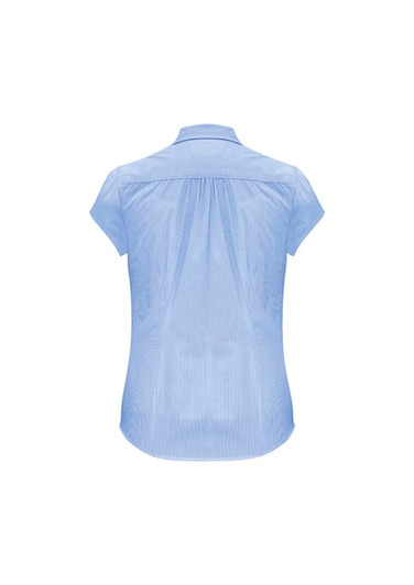A light blue women's short sleeve button-up shirt with a back pleat and a subtle stripe pattern.