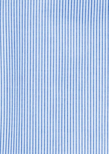 A blue and white striped fabric, featuring vertical lines, suitable for a men's short sleeve button-up shirt.