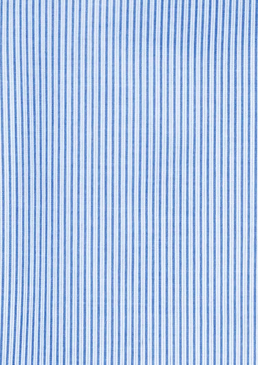 A blue and white striped fabric, featuring vertical lines, suitable for a men's short sleeve button-up shirt.