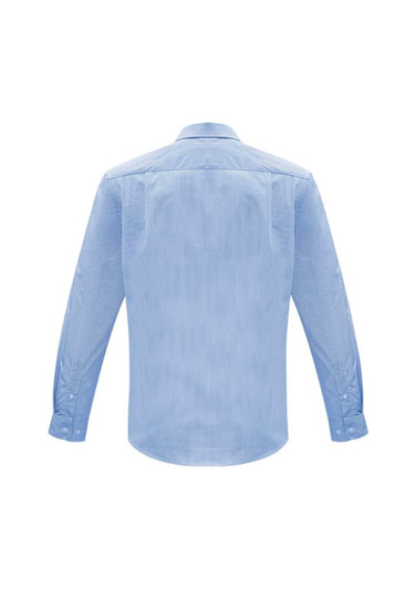 A light blue long sleeve button-up shirt with a back yoke and logo detail.