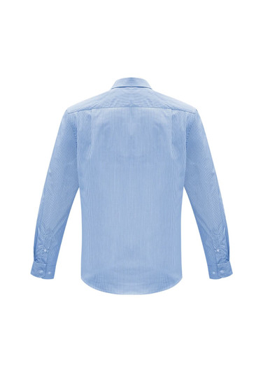 A light blue long sleeve button-up shirt featuring a back yoke and cuffs. Includes a logo.