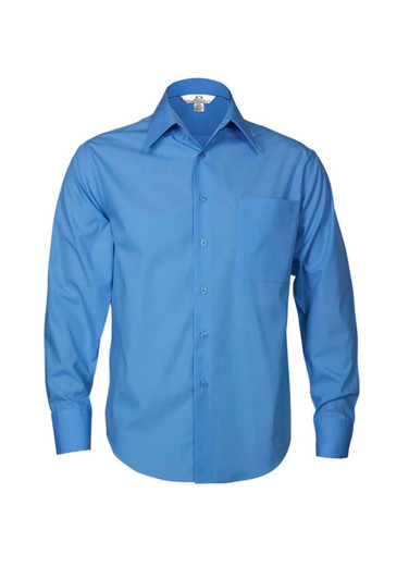 A blue long sleeve button-up shirt featuring a single chest pocket and a collar. It has a logo on the label.