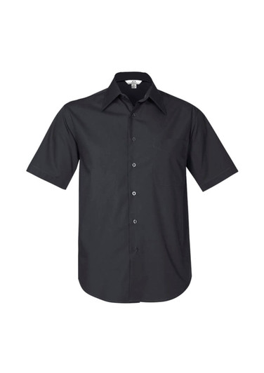 A black short sleeve button-up shirt featuring a front pocket and a logo on the label.