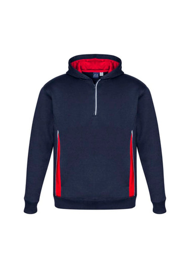 A navy hoodie with red accents and a zippered neck, featuring a hood and a logo.