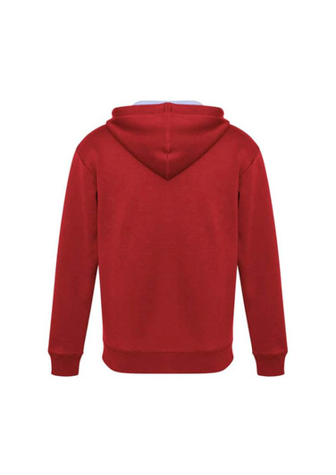 A red hoodie with a blue interior in the hood, featuring a logo on the back.