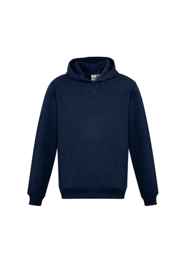 A navy blue kids' hoodie featuring a front pocket and a standard hood. It has a logo on the front.