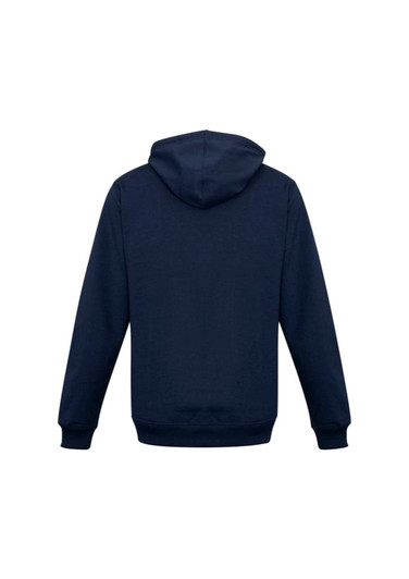 A navy men's crew zip hoodie with a hood and long sleeves, featuring a logo on the back.