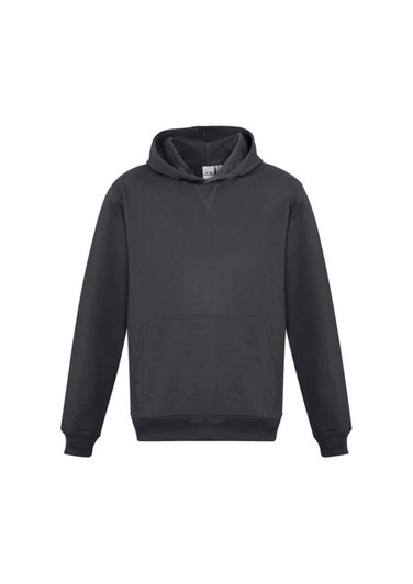 A black hoodie featuring a front pocket and a hood, designed for kids, with a logo on the front.
