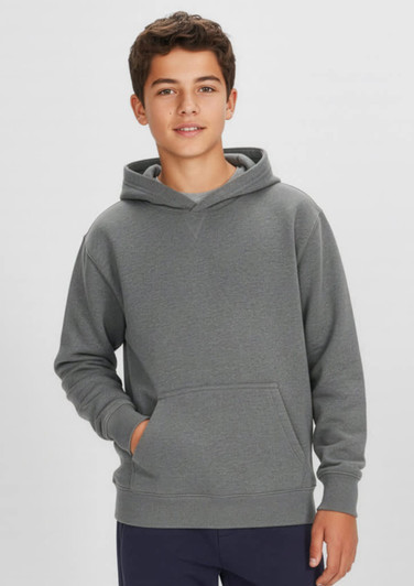 A grey kids' hoodie featuring a front pocket and a hood, modelled by a young boy. It has a subtle logo.