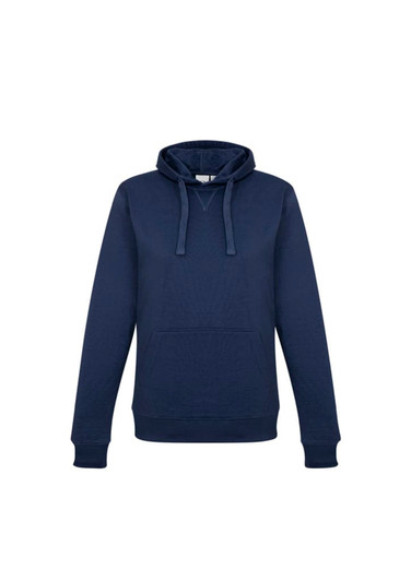 A navy women's crew hoodie featuring a front pocket and a drawstring hood, with a logo on it.