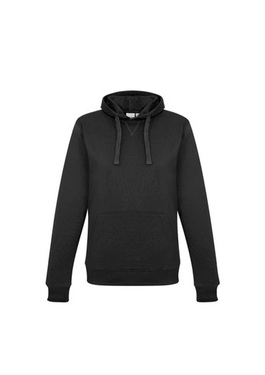A women's crew hoodie in black with a kangaroo pocket, featuring a hood and ribbed cuffs.
