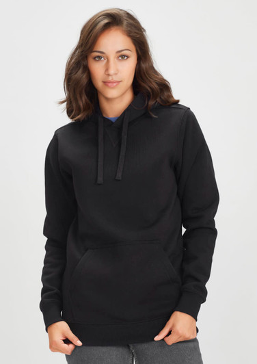 A black women's crew hoodie with a front pocket and a hood, featuring a logo on the front.