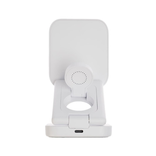 A white Spartan 3-in-1 wireless charger with a sleek design and a circular charging area.