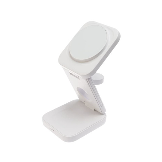 A white 3-in-1 wireless charger with adjustable parts and a logo, designed for phones and technology.