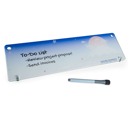 A clear acrylic to-do list board with a blue gradient, featuring a marker and a mounting hole.