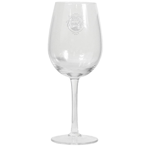 A clear 430ml wine glass with a tall stem, featuring a logo on one side.