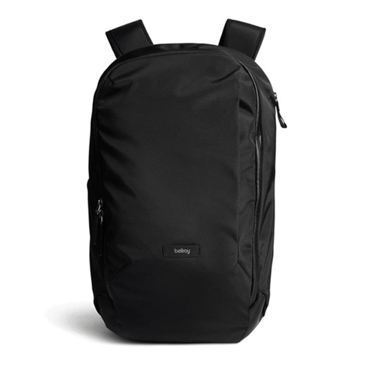 A sleek black backpack featuring adjustable straps and zippered compartments, with a subtle logo on the front.