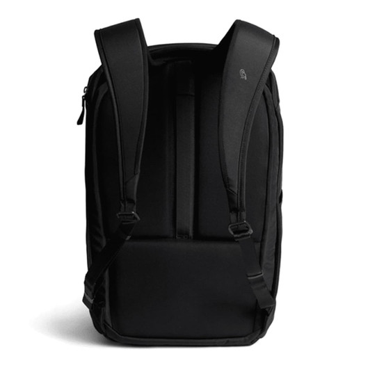 A black backpack with padded straps and a sleek design, featuring a logo on the back. Ideal for work and travel.